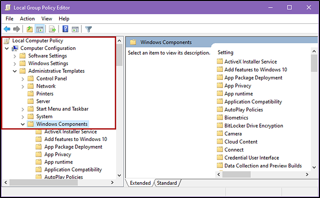 Local Group Policy Editor with the Windows Components folder indicated