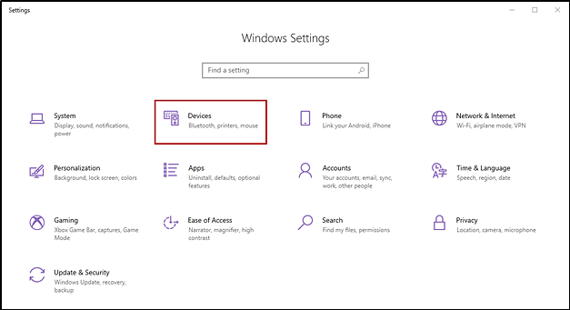 Windows Settings interface with the Devices button indicated