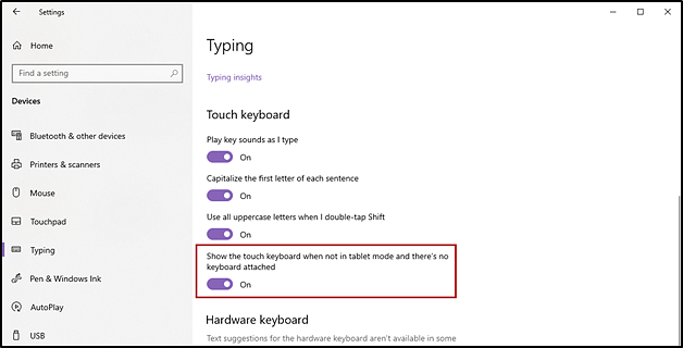 Touch keyboard settings interface with the Show the touch keyboard when not in tablet mode toggle indicated