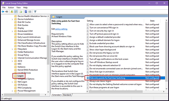 Windows Local Group Policy Editor options with the Logon folder and the Hide entry points for Fast User Switching item indicated