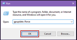 The Windows Run dialog box with gpudate /force entered in the Open field and the OK button indicated