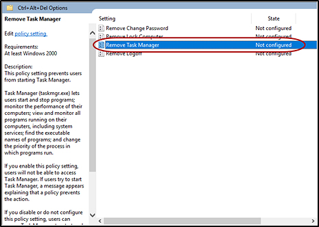 The Windows Local Group Policy Editor options with the the Remove Task Manager item indicated