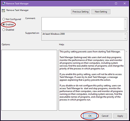 Remove Task Manager dialog box with the Enabled radio button and the OK button indicated