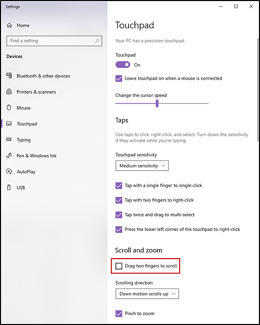 Touchpad screen with the Drag two fingers to scroll check box indicated in the 'Scroll and zoom' section