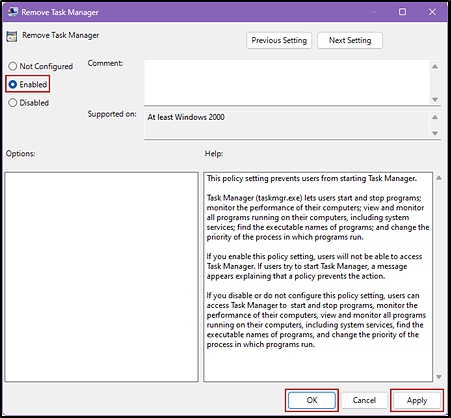 Remove Task Manager dialog box with the Enabled radio button and the OK and Apply buttons indicated