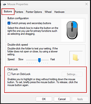 Mouse Properties dialog box with the ClickLock section of the Buttons tab indicated.