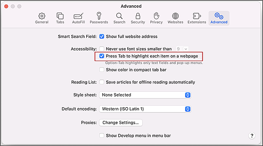 Safari Advanced preferences window with an arrow pointing to the 'Press Tab to highlight each item on a webpage' option