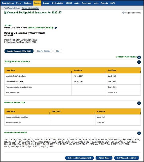 CAASPP View and Set Up Administrations screen—School.