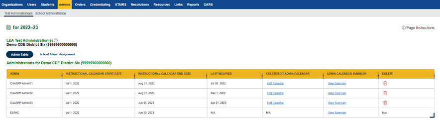 Select LEA to View Test Administrations section of the Test Administration screen