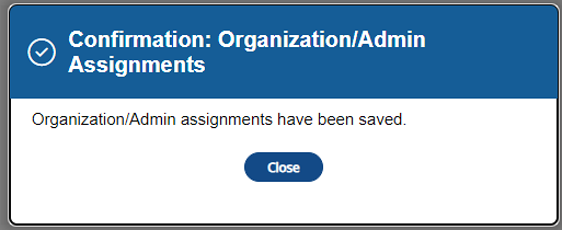 Confirmation: Save Test Administrations box with CLOSE button