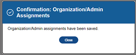 Confirmation: Save Test Administrations box with CLOSE button.