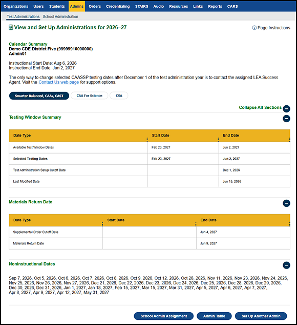 Select LEA to View Administrations section of the Test Administrations screen.