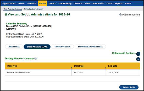 Initial Alternate ELPAC Testing Window Summary table.