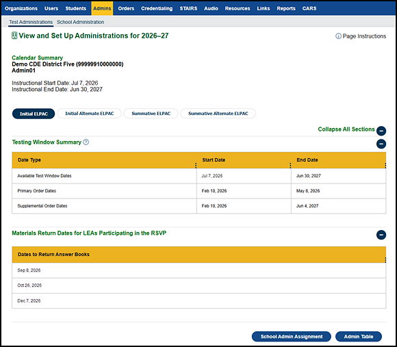 Initial ELPAC Testing Window Summary table.