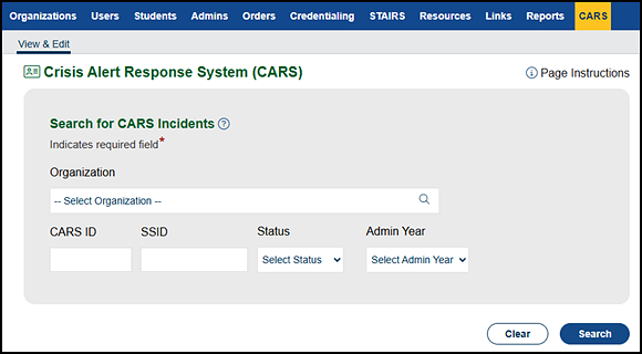 Search for CARS Incidents screen with search and clear buttons.