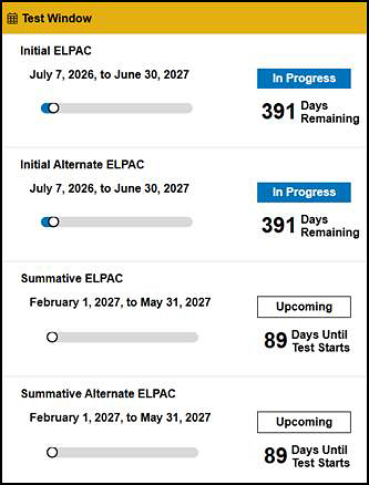 ELPAC Test Window section on the MyTOMS at a Glance screen.