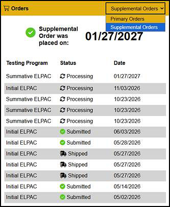 ELPAC Orders section on the MyTOMS at a Glance screen.