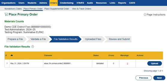 File Validation Results progress step.