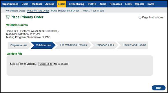 Validate a File progress step on the Place Primary Order screen.