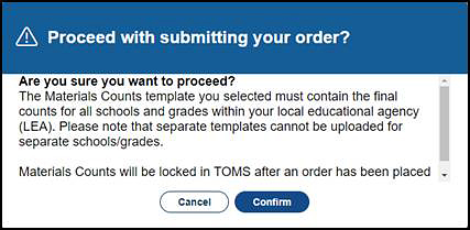 Proceed with submitting your order? confirmation message.
