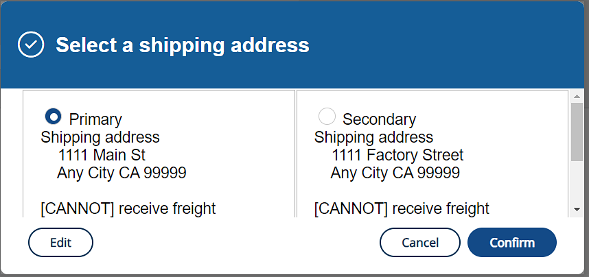 Select a shipping address pop-up box