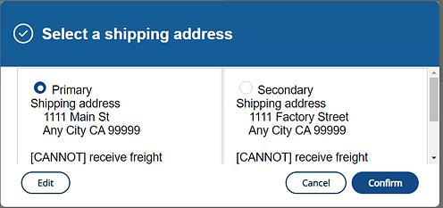 Select a shipping address pop-up box.