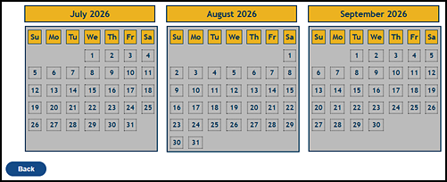 Bottom of the Nondelivery Dates screen with the Back button.