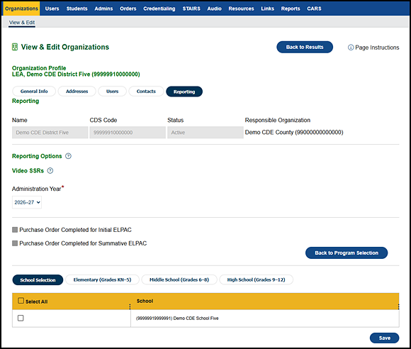 LEA Organization Reporting tab, no video SSRs.