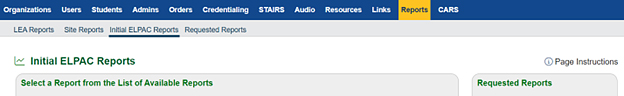 Initial ELPAC Reports screen.