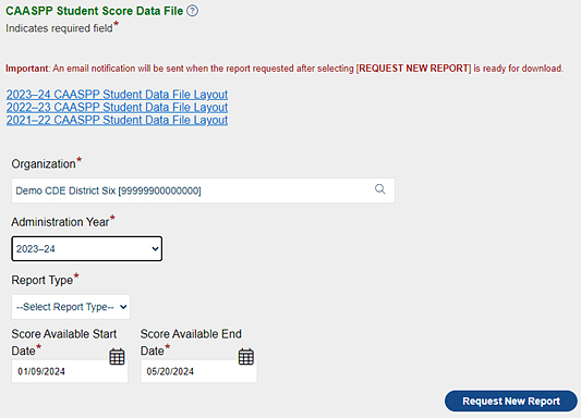 CAASPP Student Score Data File screen.