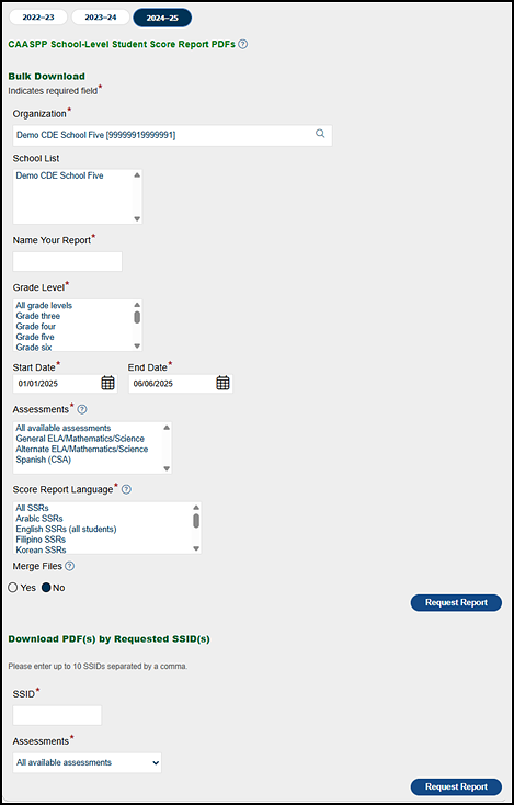 CAASPP School-Level Student Score Report PDFs options.