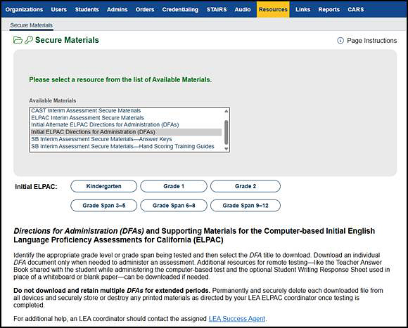 DFA options for the Initial ELPAC on the Secure Materials screen.