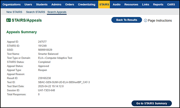Appeals Summary screen.
