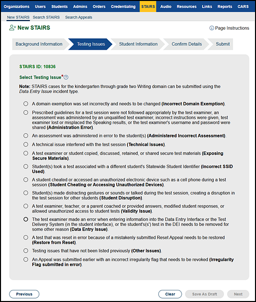 First "Select Testing Issue" section.