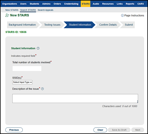 Student Information progress step.