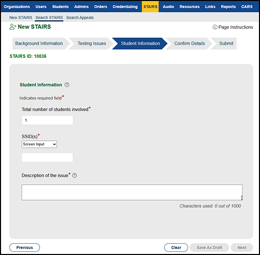 Screen entry option of the Student Information progress step.