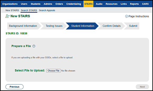 Select File to Upload section of Student Information progress step.