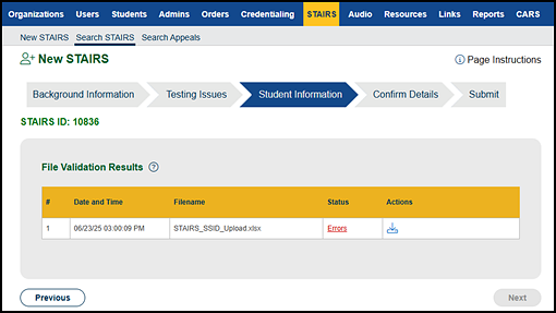 “File Validation Results” section, errors in file.
