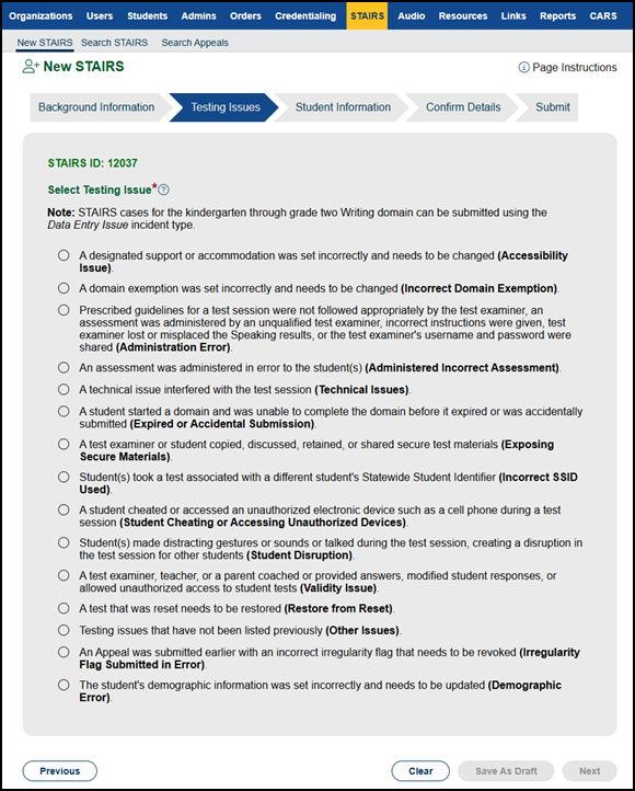 First "Select Testing Issue" section.