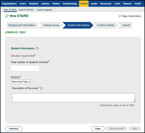 Student Information progress step.