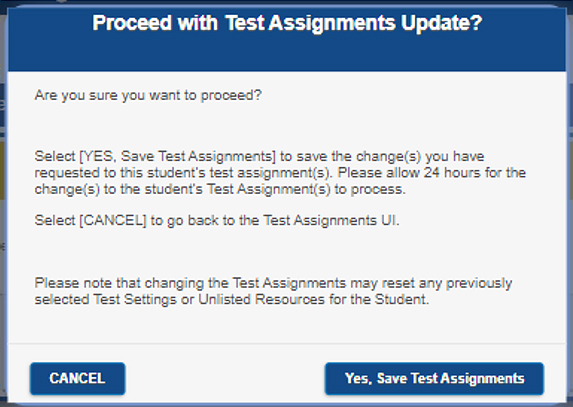 Save Test Assignments popup