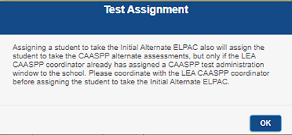 Save Test Assignment message popup