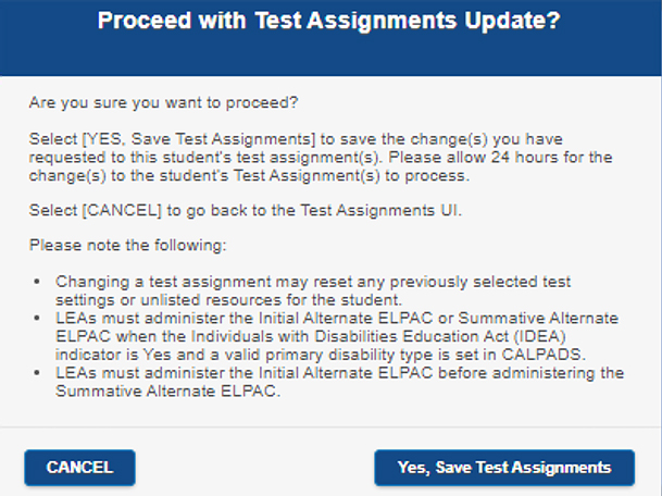 Save Test Assignments confirmation popup