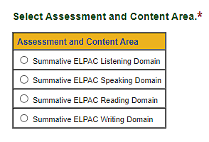 The 'Select Assessment and Content Area' section for Summative ELPAC