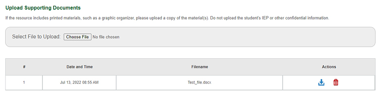 The 'Upload Supporting Document' section after a document has been uploaded