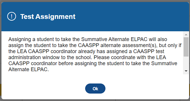 Save Test Assignment message popup