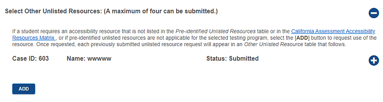 The ADD button to assign unlisted resources for the Initial Alternate ELPAC 