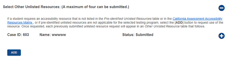 The ADD button to assign other unlisted resources for the Initial Alternate ELPAC 