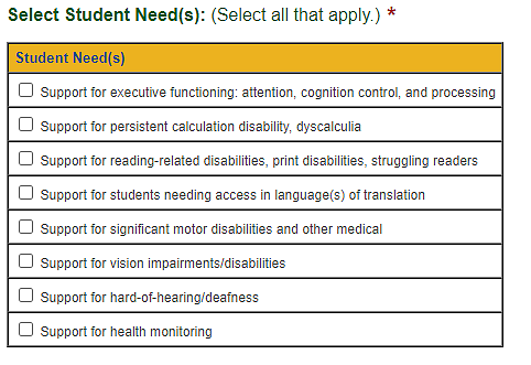 'Select Student Needs' section