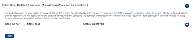 The 'Select Other Unlisted Resources' section with one request in Approved status